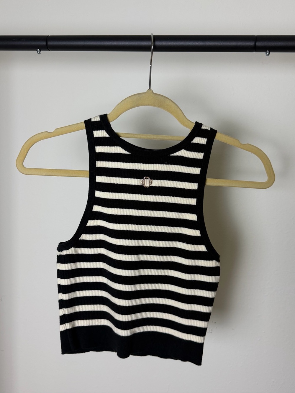 Maje Black and White Striped Cropped Rib Tank